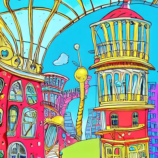 Image similar to fanciful city filled with curvy buildings, by dr seuss, oh the places you'll go, arches, platforms, towers, bridges, stairs, colorful kids book illustration