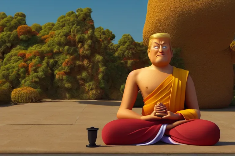 Image similar to still from a Pixar movie of Donald Trump Meditating in a Buddhist Temple, high quality 3d render, movie, Pixar, Renderman, 4k, artstation