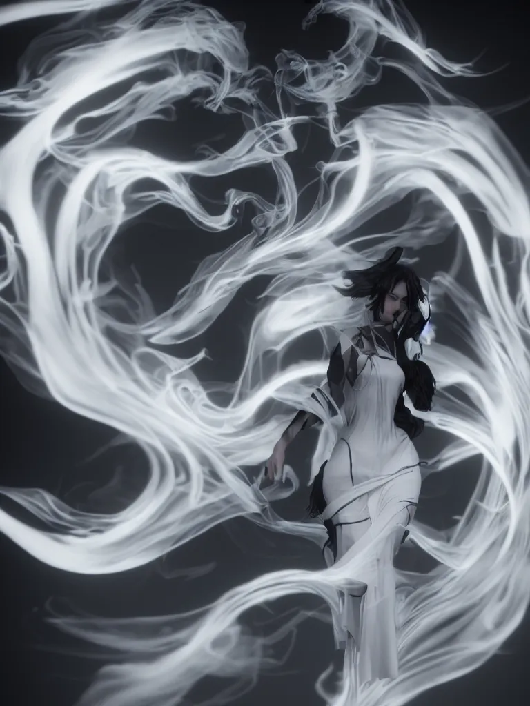 Image similar to white noir priestess, flowing swirls of smoke, hyperreal octane render volumtric cinematic