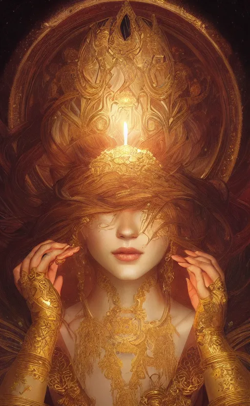 Image similar to masterpiece of beautiful hands close to a candle in dark room, cinematic, powerful, moon beams dramatic light, highly, intricate gold elements, hollow souls, detailed, digital painting, artstation, concept art, sharp focus, illustration, art by artgerm and greg rutkowski and alphonse mucha