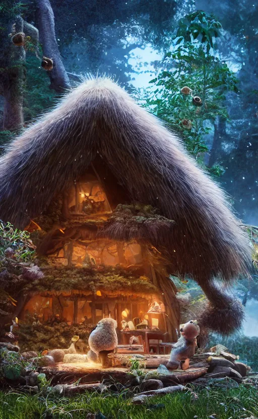 Image similar to a hut made of fur, magical forest, community, water bear, robots, electric, furry, soft, concept art, intricate details, highly detailed, photorealistic, disney pixar, octane render, iridescent, anime, 8 k