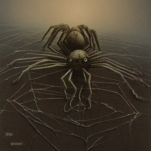 Image similar to huge spider-like creature by Zdzisław Beksiński, caretaker, cosmic horror, darkwave, concept by Alastair Reynolds