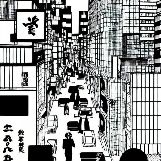 Image similar to a manga vignette with a japanese urban geometrical landscape, black and white, in style of inio asano