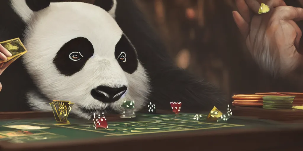 Prompt: A panda playing Magic the Gathering, artstation, 8k, photorealism