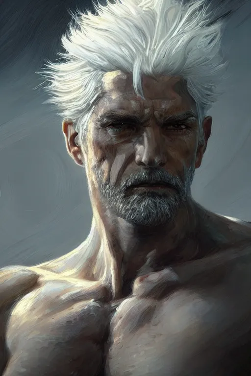 Prompt: painted portrait of rugged sephirot, white hair, masculine, mature, handsome, upper body, muscular, hairy torso, fantasy, intricate, elegant, highly detailed, digital painting, artstation, concept art, smooth, sharp focus, illustration, art by gaston bussiere and craig mullins