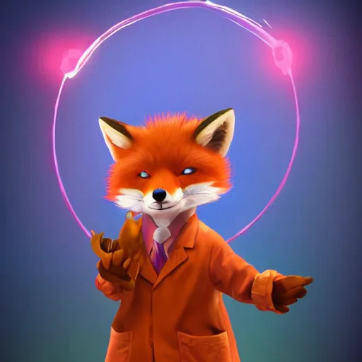 Prompt: stern looking fox in a lab coat, casting a magic spell, trending on artstation