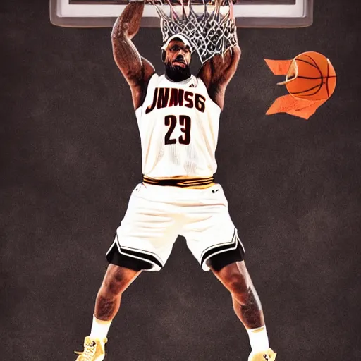 Image similar to a sports center sports action shot poster of lebron james dunking a basketball during a game, professional photography, cool poster design, photoshopped, epic, trending on artstation