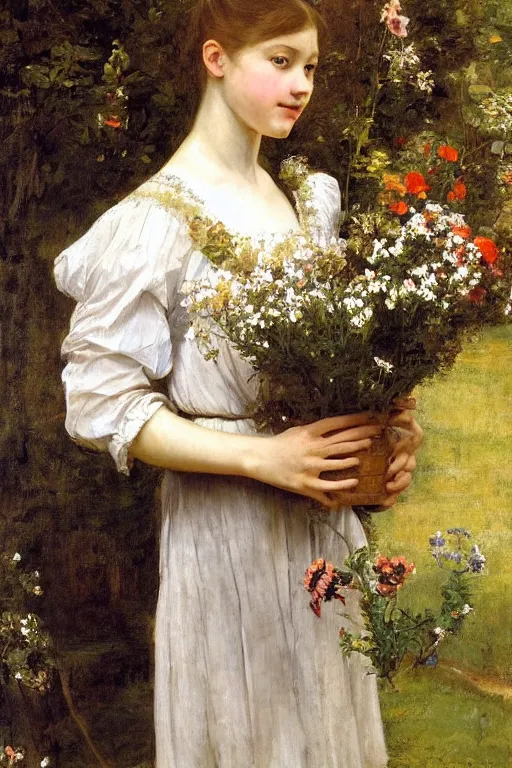 Prompt: Richard Schmid and caravaggio full length portrait painting of a young beautiful edwardian girl hold a large bouquet of flowers standing in a cottage garden