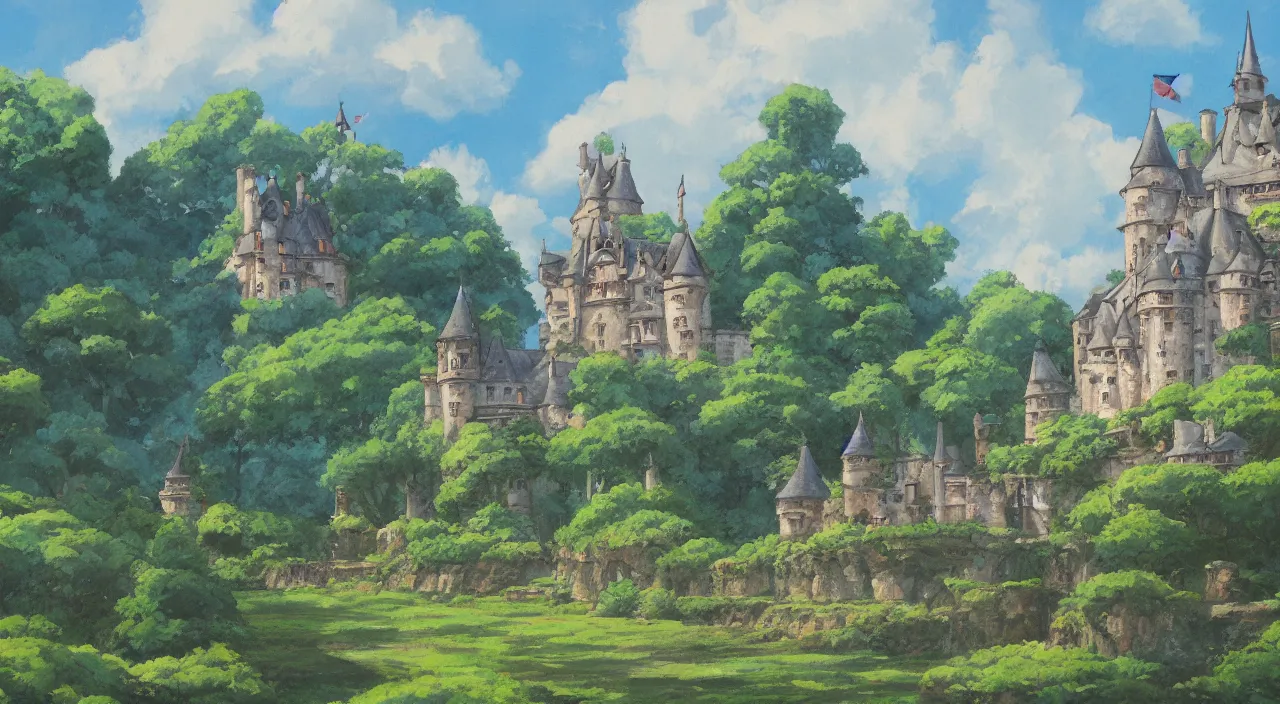 Image similar to a landscape painting of a French castle, with a garden, by Studio Ghibli, trending on artstation