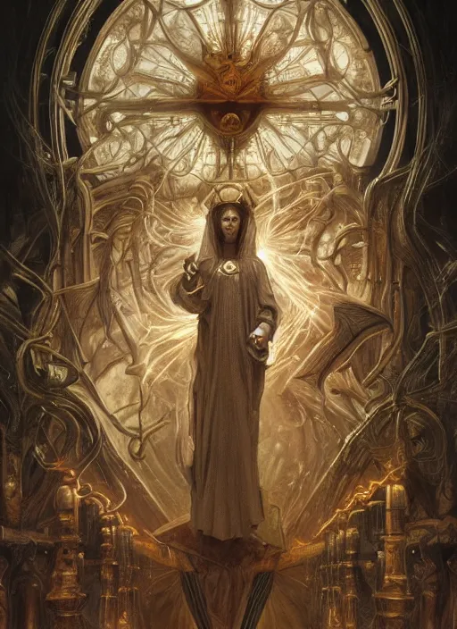 Image similar to album art priest casting divine chest spell, physically accurate, moody dynamic lighting, very very intricate, very very elegant, highly detailed, digital painting, artstation, HR GIGER, Hieronymus Bosch, Francis Bacon, concept art, smooth, very beautiful, sharp focus, illustration, art by artgerm and greg rutkowski and alphonse mucha