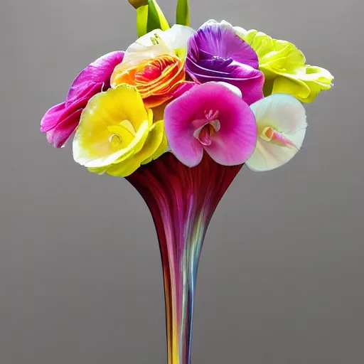 Prompt: rainbow colored genetically modified blend of rose lily carnation orchid ranunculus anenome!!, floral arrangement in futuristic!! vase made of mother of pearl, architectural digest, year 2 3 0 0