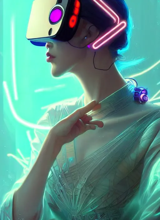 Image similar to portrait of female japanese android wearing a vr headgear and in an elaborate kimono dress, hologram hovering around her, intricate detail, cyber neon lighting, highly detailed, beautiful wide angle photography, artstation, glamor pose, concept art, art by peter mohrbacher, pinterest, artstation,