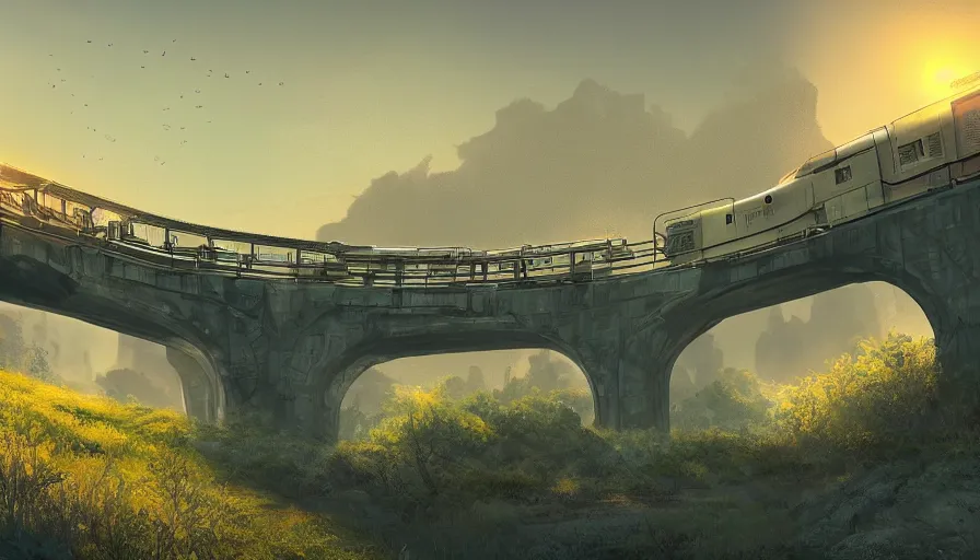 Prompt: futuristic train driving over aqueduct, green hills, matte painting, artstation, sunrise, blue sky, solarpunk