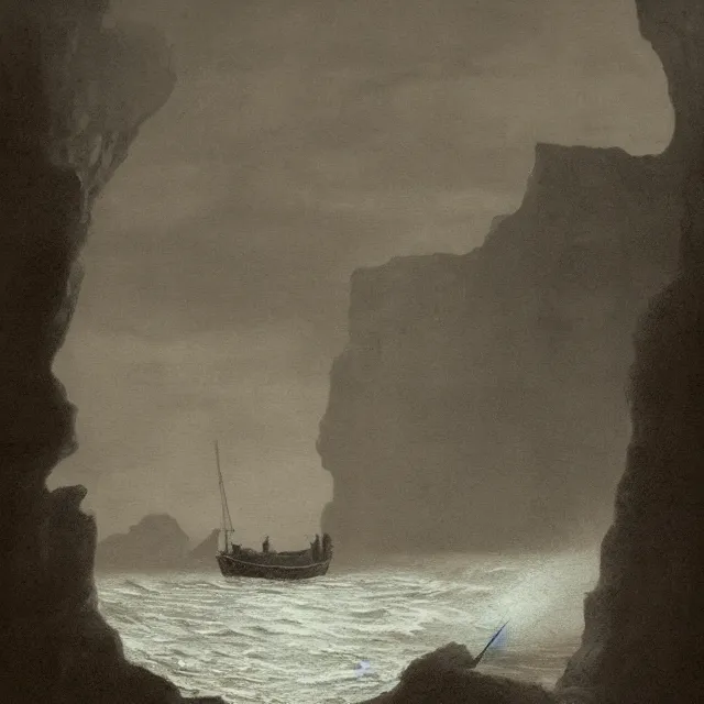 Prompt: photorealistic sepia painting of a 1 9 2 0 s fishing boat sailing in front of a tropical island cliff with the mouth of a grotto at the waterline, dark, brooding, atmospheric, lovecraft, by dave dorman