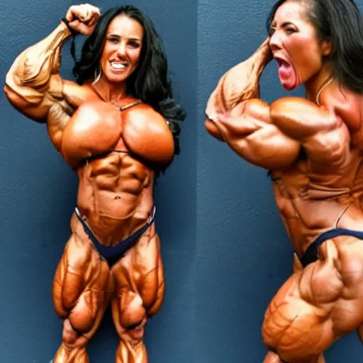 Image similar to woman bodybuilder on steroids, huge muscles, very tan, screaming and flexing