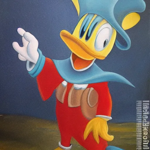 Image similar to Donald duck in the style of Hieronymus Bosch, oil painting