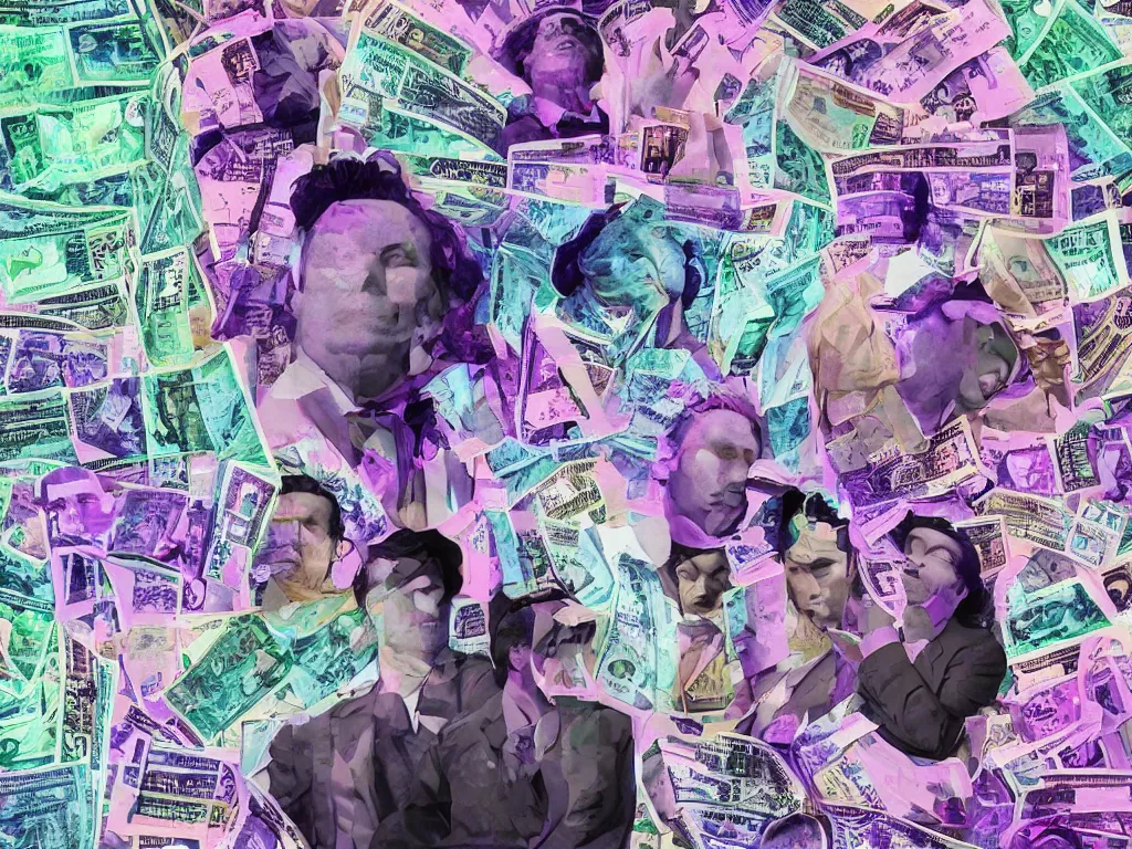 Prompt: vaporwave glitchy corrupt jpeg of corrupt businessmen bathing in money