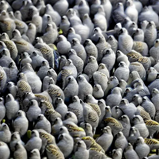 Prompt: A room filled to the brim with budgies