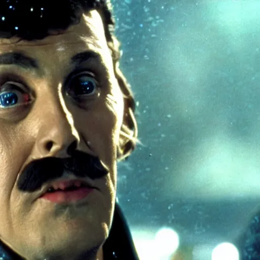 Image similar to Weird al Yankovic with his mustache as Rick Deckard on blade runner 1982, smiling, wide angle lens, movie still, in color, movie frame, detailed face, symmetrical face, 4k