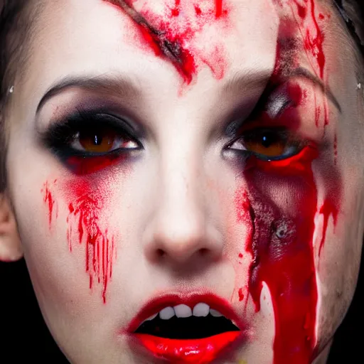 Image similar to portrait photo of a female cyborg vampire blood coming from the mouth and eyes