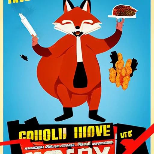Prompt: action movie poster, featuring anthropomorphic fox sticking his head out of a pile of fried chicken, promotional advertising poster media