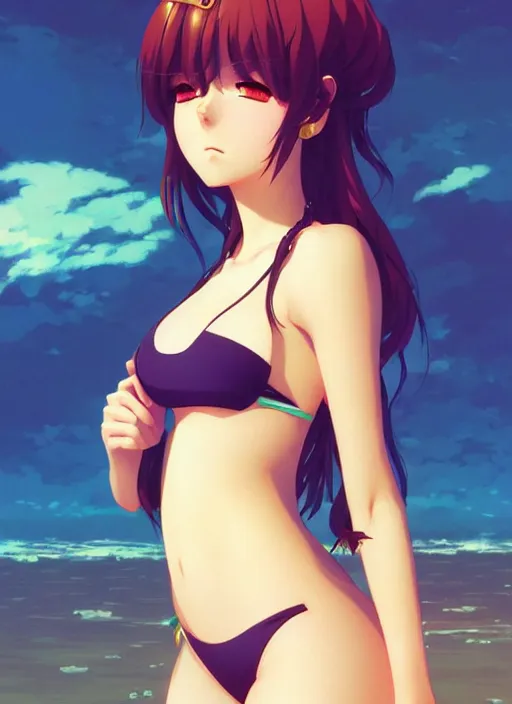 Image similar to portrait of beautiful young anime girl in bikini, cute-fine-face, pretty face, realistic shaded Perfect face, fine details. Anime, cyberpunk, Warhammer, highly detailed, artstation, illustration, art by Ilya Kuvshinov and Gustav Klimt