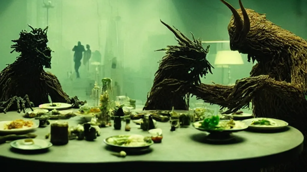 Image similar to the strange creature likes to eat, made of Chlorophyll and metal, film still from the movie directed by Denis Villeneuve with art direction by Salvador Dalí