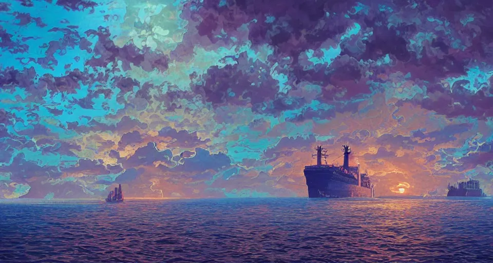 Prompt: terrifying psychedelic ⛈ ocean 🌊, giant 🚢 merchant ship, paisley pattern sky, backlit, 🌅, refracted lighting, outdoors, paisley pattern, elegant, 8 k resolution, intricate and fine details, digital painting, artstation, illustration, psychedelic ocean art, krenz cushart, alphonse mucha