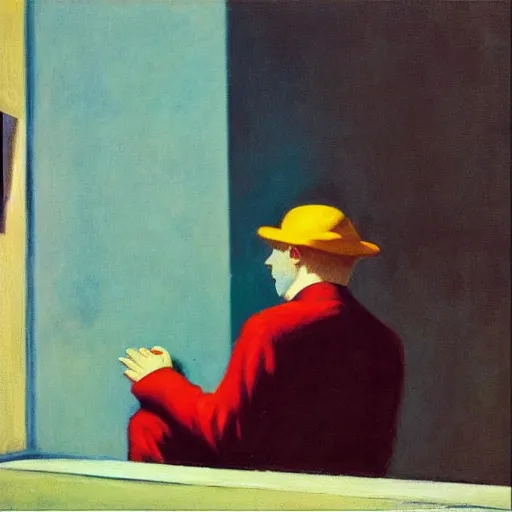 Prompt: “ edward hopper ’ s sad clown in the pose of stanczyk ”