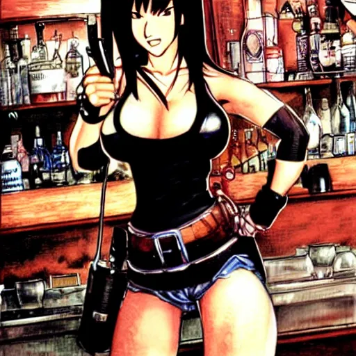 Prompt: tifa lockheart in her bar by masamune shirow