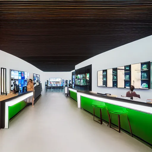 Image similar to interior photography of a Microsoft Samsung flagship store, black walls, balanced, wood, eye-catching, polished concrete, spotlights, verdant plant wall, white neon, award winning interior design, patterns, retaildesignblog, dezeen, 14mm, 8k, cinestill, pentax, film