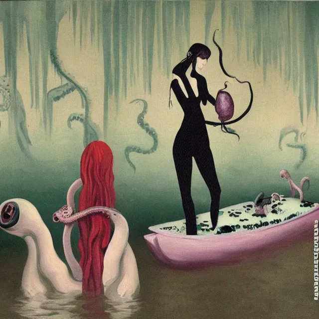 Image similar to tall female emo artist holding an octopus in a flooded cafe, octopus, water gushing from ceiling, painting of flood waters inside a cafe, a river flooding indoors, pomegranates, pigs, ikebana, water, octopus, river, rapids, waterfall, black swans, canoe, berries, acrylic on canvas, surrealist, by magritte and monet