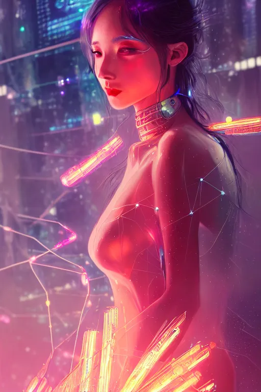 Image similar to portrait futuristic wizard Girl with fire and sparkles, in future cyberpunk tokyo rooftop , ssci-fi, fantasy, intricate, very very beautiful, elegant, human anatomy, human structure, neon light, highly detailed, digital painting, artstation, concept art, smooth, sharp focus, illustration, art by tian zi and WLOP and alphonse mucha