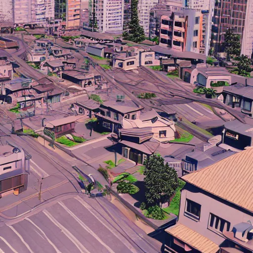 Image similar to japanese town, neighborhood, surreal neighborhood, street view, modern neighborhood, japanese city, underground city, modern city, tokyo - esque town, 2 0 0 1 anime, cel - shading, compact buildings, sepia sunshine