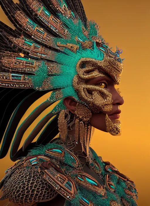 Image similar to 3 d goddess close - up profile portrait. beautiful intricate highly detailed mexican magpie helm and traditional mexican huipil! quetzalcoatl, stingray, bio luminescent, plasma, lava, ice, water, wind, stormy, creature, artwork by tooth wu and wlop and annie leibovitz, octane 3 d render