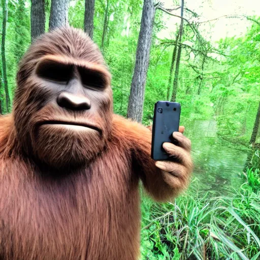 Image similar to bigfoot taking a selfie at the swamp