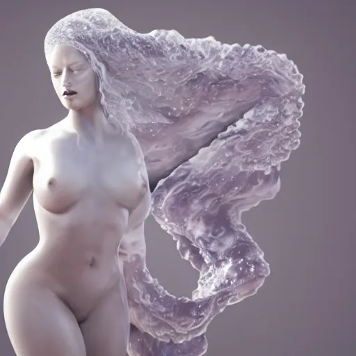 Image similar to 3 d fluid simulation render, octane render, xparticles, white colors, female bodies, female body covered in white blanket, white carved abstract sculpture, amethyst mineral quartz, swirly curls, abstract white fluid, golden edges and fractals