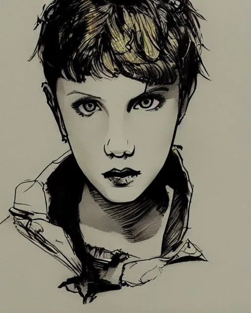 Image similar to pen sketch of millie bobby brown with short hair by yoji shinkawa