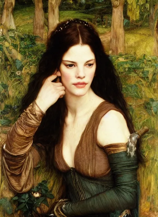 Prompt: a beautiful painting of liv tyler as arwen by John Everett Millais and Dante Gabriel Rossetti and John Collier and john william waterhouse, pre-raphaelite, detailed, trending on artstation, hd, masterpiece