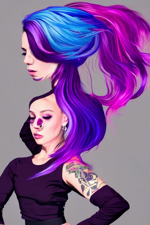 Image similar to a award winning half body porttrait of a beautiful woman in a croptop and cargo pants with ombre purple pink teal hairstyle with head in motion and hair flying, outrun, vaporware, shaded flat illustration, digital art, trending on artstation, highly detailed, fine detail, intricate