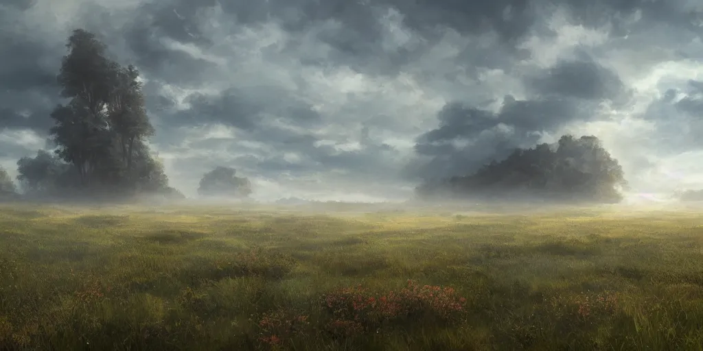 Prompt: utopian scenes, there are thick clouds, breath of the wilderness, broad, pleasant to feel the prairie, highly detailed, volumetric lighting, studio quality, artstation, by kyoto animation