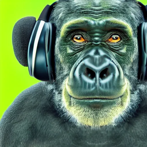 Image similar to a high quality photo of a green chimp wearing headphones, realism, 8k