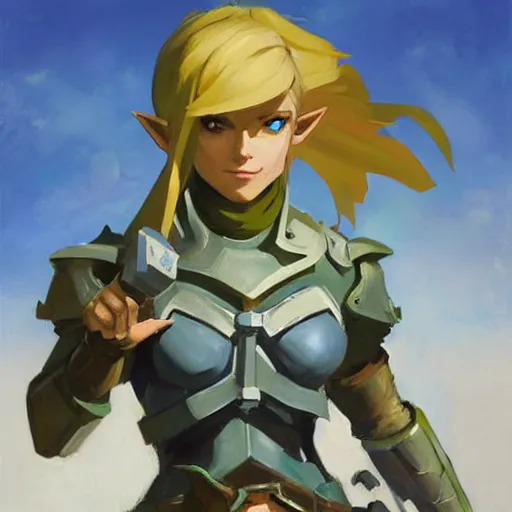 Image similar to greg manchess portrait painting of armored female link from legend of zelda as overwatch character, medium shot, asymmetrical, profile picture, organic painting, sunny day, matte painting, bold shapes, hard edges, street art, trending on artstation, by huang guangjian and gil elvgren and sachin teng