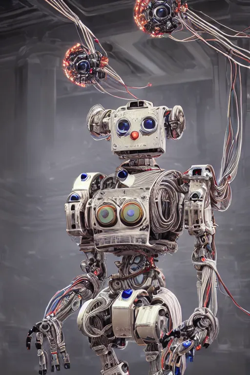 Image similar to a portrait of a extremely intricately detailed beautiful robot lots of cables and lights and connections, highly detailed perfect render, realism. concept art. unreal engine 5, f / 1. 8, v - ray, ultra hd, 8 k, graduation photo, atmospheric beautiful background and beautiful lighting. hyper realism.