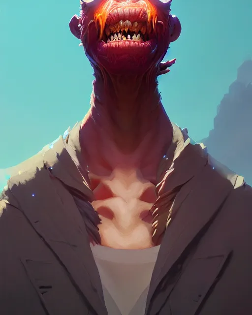 Image similar to highly detailed vfx portrait of a character of a monster stephen bliss, unrealengine, greg rutkowski, loish, rhads, beeple, makoto shinkai and lois van baarle, ilya kuvshinov, rossdraws, tom bagshaw,