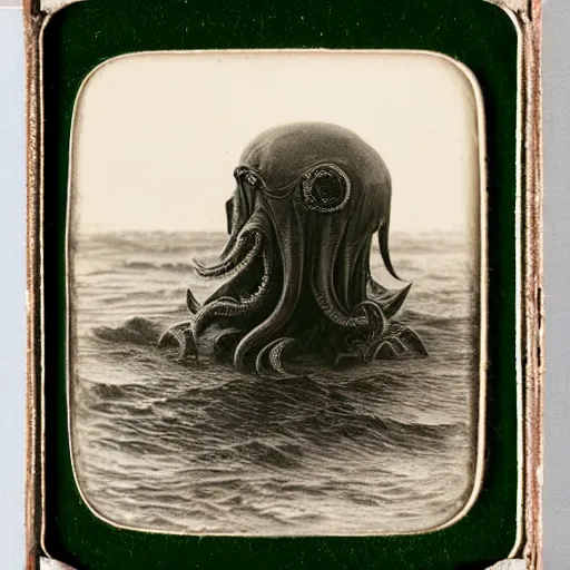 Image similar to a daguerreotype of cthulhu rising from the ocean