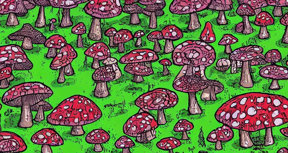 Image similar to A tribal village in a forest of giant mushrooms, by Jhonen Vasquez