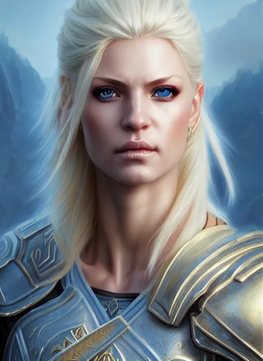 Image similar to a _ fantasy _ style _ portrait _ painting _ of white female paladin with blonde hair and blue eyes, scar under left eye, holy oil _ painting _ unreal _ 5 _ daz. _ rpg _ portrait _ extremely _ detailed _ artgerm _ greg _ rutkowski _ greg