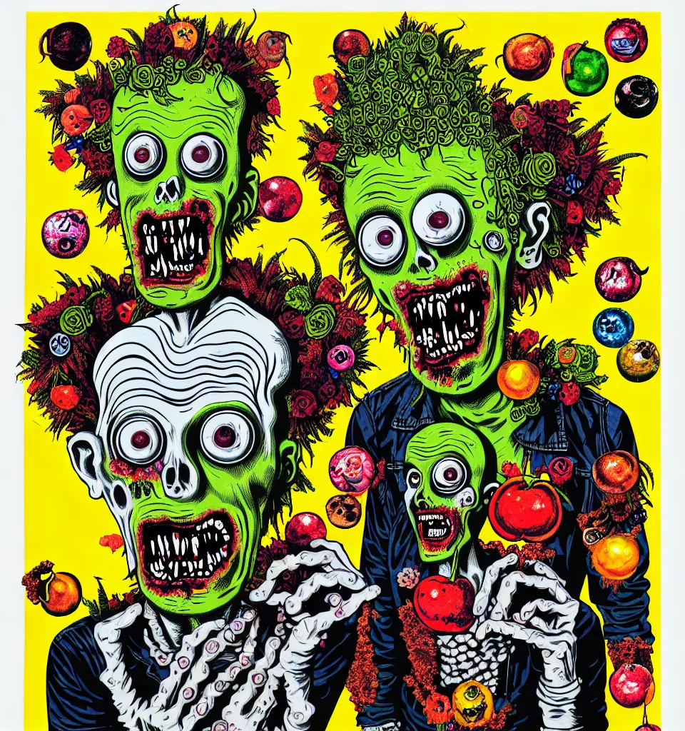 Image similar to portrait of a zombie punk rock band, t - shirt, ripped jeans, head made of fruit gems and flowers in the style of arcimboldo, basil wolverton, philip taaffe, cartoonish graphic style, street art, silkscreen pop art, punk graphics, photocopy