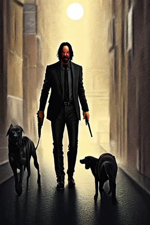 Prompt: keanu reeves as john wick walks into the sunset with his grey pitbull, urban setting background, feeling of sadness, detailed digital matte painting in the style of simon stalenhag and bev dolittle zdzisław beksinski, greg hildebrandt artstation, psychedelic